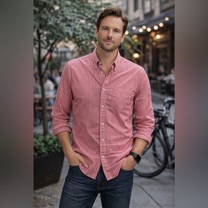 Club Monaco Long Sleeve Reddish Orange Striped Cotton Dress Shirt Size Large